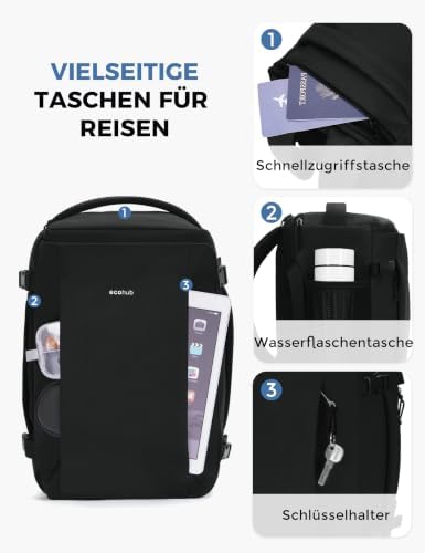 Handgepäck Rucksack für Ryanair Flugzeug Unter-Sitzplatz, Tiefes Laptopfach bis 14 Zoll, PET-Recycelte, Wasserdichter Reiserucksack für Herren & Damen, 40x20x25(Schwarz)