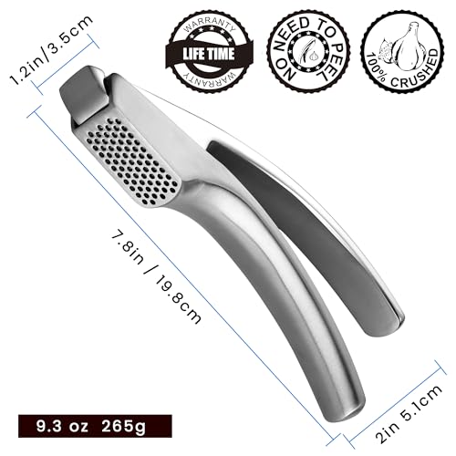Lifetime Replacement Garlic Press Stainless Steel No Need to Peel, Detachable Handle for Fine Mincing-Premium Garlic Mincer Tool, Rust-Proof, Easy to Clean, Dishwasher Safe Garlic Crusher