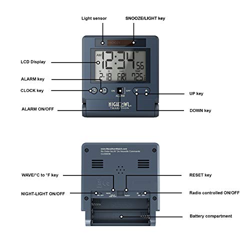MARATHON Atomic Travel Alarm Clock with Auto Night Light, Blue 12 or