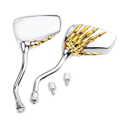 2Pcs 8-10mm Gold Motorcycle Bike Chrome Skeleton Skull Hand Claw Rearview Side Mirror