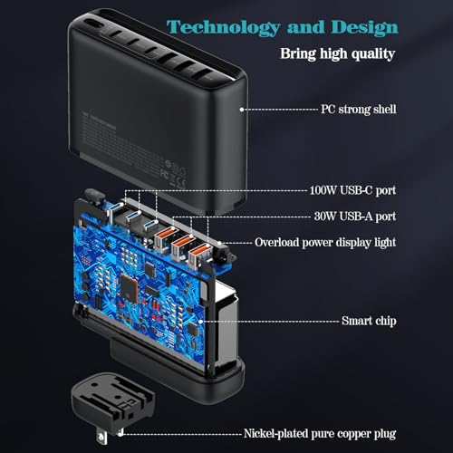 Timerial 140W GaN Fast Travel Charger Station 3 Type C & 3 USB, International Travel US/UK/EU Detachable Plugs,Charging for Laptop Tablet Smart phone,Output Power LED Display,1.5M Extension Cable