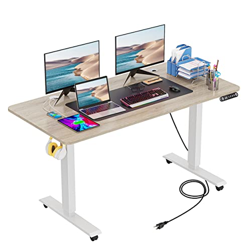 Electric Standing Desk 55 x 24In with Charging Station, Adjustable Height Desk with Oversized Mouse Pad, 2 USB Ports & 3 Power Outlets, 4 Caster, 4 Preset Heights, 27''-45'' Lifting Range