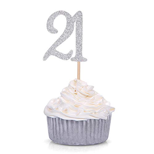 24 CT Silver Glitter Number 21 Cupcake Toppers 21st Birthday Party Decorations