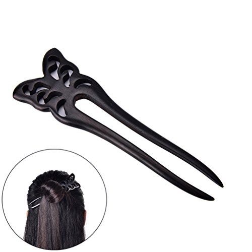 1 Pcs Handmade Carved Wood 2-Prong Hair Fork Vintage Style Butterfly Hair Stick by Team-Management