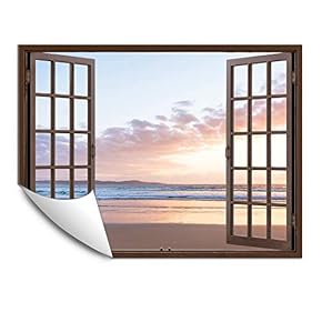 Wall Murals for Bedroom Fake Window Beach Brown Window Removable Wallpaper Peel and Stick Wall Stickers - 24x32 inches