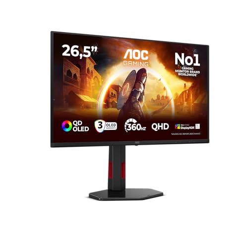 AOC Q27G4SDR 27 inch WQHD Gaming Monitor 360Hz, QD-OLED Panel, 0.03ms GtG, HDR400 TrueBlack, G-Sync Compatible, Height Adjustment, (2560x1440 HDMI 2x 2.1 DP 1x 1.4 USB Hub) Black