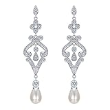EVER FAITH Silver-Tone Pave CZ Cream Simulated Pearl Vintage Style Chandelier Dangle Earrings Clear