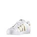 adidas Originals Superstars Running Shoe, White/Gold/Blue, 3 Medium US Little Kid
