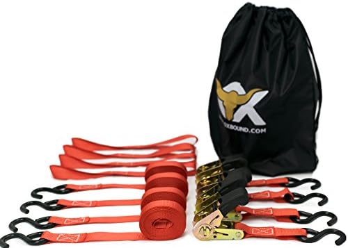 Ratchet Strap Tie Down Set (4 pack) + 4 Free Webbing Loops &amp; Drawstring Bag | The 15 ft Reddish Orange OxStrap by OxBound
