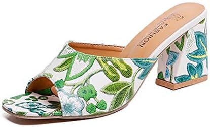 Vrgt サンダル ミュール レディース チャンキーヒール 歩きやすい 花柄 太ヒール ハイヒール 靴 シューズ 黒 走れる 白 おしゃれ 緑 スリッパ キャバ パーティー サボ オープントゥ 痛くない 疲れない つっかけ
