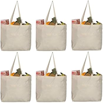 Greenmile 6 Pack Reusable Grocery Bags with Extra Strong Handles | Holds 40 lbs | Large Eco Cotton Canvas Shopping Totes | Heavy Duty, Eco Friendly, Foldable Bulk Market Bag (14x14x7.5