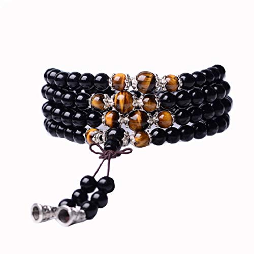 Tiger Eye Crystal Gemstone Bracelet Tibetan Buddhist Buddha Meditation 108 Obsidian Prayer Bead Bracelet