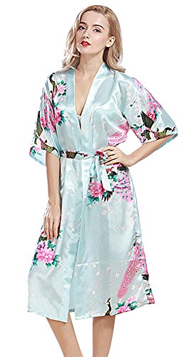 Women s sexy peacock short sleeves satin kimono robe pl…