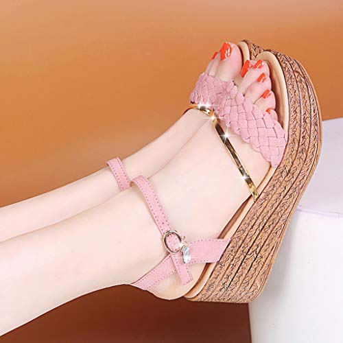 BEAUTYVAN Women's Summer Slip On Sandals Slingback Peep Toe Platform Wedge Rhinestone Dress Shoes Pink
