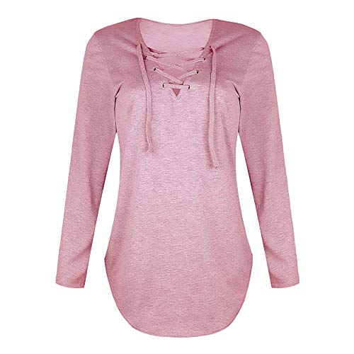 FEITONG Women V Neck Strap Long Sleeve T-Shirt Top Autumn Blouse(XX-Large,Pink)