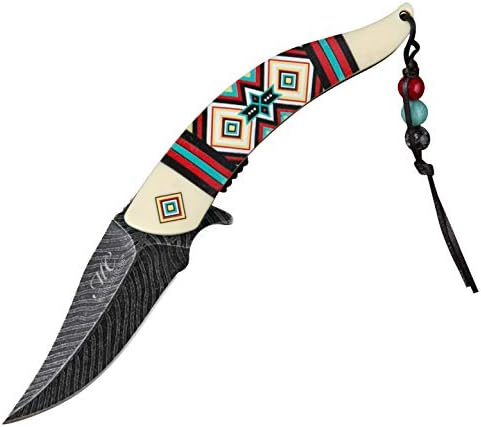Master Collection Native American Art Feather Blade Spring Assisted Folding Knife | Ivory Color Handle | Bonus Holt Multi Tool Keychain