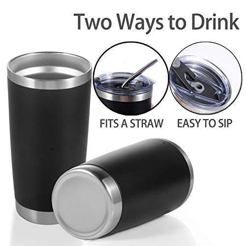 Toopify 20oz Stainless Steel Insulated Tumbler Travel Mug with Straw Slider Lid, Cleaning Brush, Double Wall Vacuum,Black+Pink 2 Set