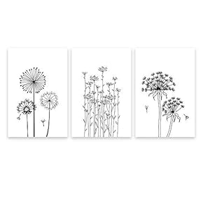 3 Panel Canvas Wall Art - Hand Drawing Style Dandelions in Black and White - Giclee Print Gallery Wrap Modern Home Art Ready to Hang - 16"x24" x 3 Panels