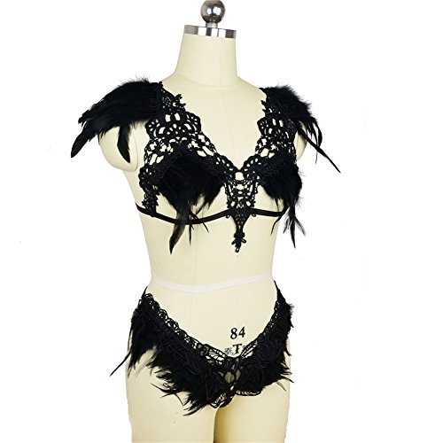 Women Sexy Full Feather Epaulette Harness Strappy Bra Cage Lingerie Cosplay Exotic Gothic Top Elastic Adjustable Plus Size