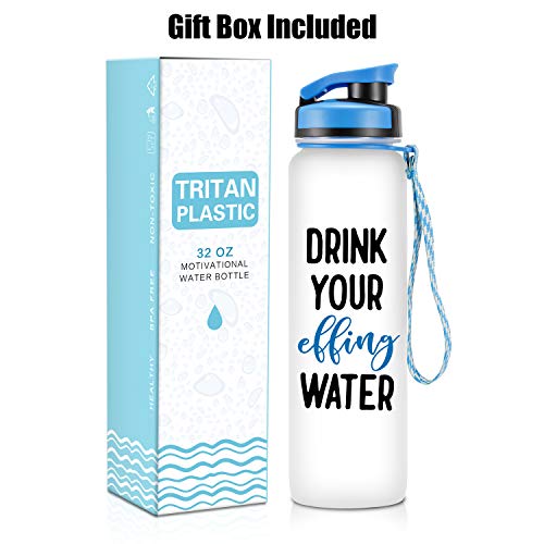 LEADO 32oz 1Liter Motivational Tracking Water Bottle with Time Marker - Drink Your Effing Water - Funny Birthday Gifts for Women, Men, Best Friends, Coworkers, Mom, Dad, Her, Him - Drink More Water