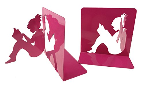 3D Paper-cut Little Girl Is Reading Pattern Metal Bookends Book Ends For Kids Teenagers Teachers Students Adults Study Home School Library Office Decoration (Pink)