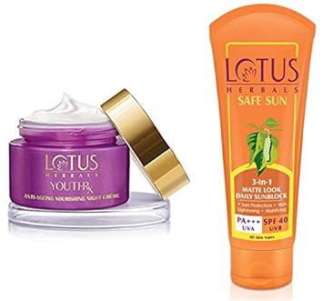 Lotus Herbals Youth Rx Anti-Aging Skin Care Range   Lotus Herbals Youth Rx Anti-Aging Nourishing Nig And Lotus Herbals Safe Sun 3-In-1 Matte Look Daily Sunblock, Spf 40, 100G