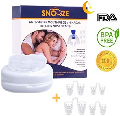 Snooze Anti Snore Mouthpiece System + 4 Dilator Nose Vents - Mouth Guard Sleep Aid - Anti Snoring Devices & Snore Stopper Solution