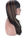 Kalyss Heat Resistant Yaki Human Hair Blended Wig with Hair Bangs Long Straight Layered Black Wigs with Brown Highlights Natural Looking Centre Parting Hair Replacement Wigs for Women