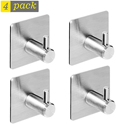 Adhesive Wall Hook, 4 Pack Stainless Steel Key Hook, Self Sticky Heavy Duty Metal Hook, Strong No Drill Damage Free Waterproof Hook for Coat Robe Towel Coffee Mug, for Bathroom Shower Kitchen Office