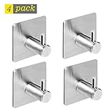 Adhesive Wall Hook, 4 Pack Stainless Steel Key Hook, Self Sticky Heavy Duty Metal Hook, Strong No Drill Damage Free Waterproof Hook for Coat Robe Towel Coffee Mug, for Bathroom Shower Kitchen Office