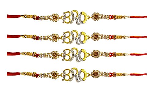 CraftsmanSATVIK 5 Pc Set of Designer Assorted Rakhi for Brother Bhaiya Bhabhi Traditional Handmade Bracelet Thread with Roli Chawal, Greeting Card & Soun Sticker Indian Rakshabandhan Bro Rakhdi Rakhee Gift