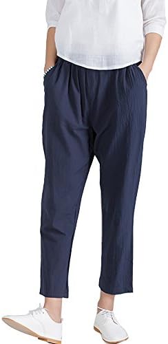 Sheicon Women Loose Soft Cotton Linen Ankle Pants Plus With Elastic Waist Color Navy blue Size L