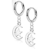 Pierced Owl - 18GA Hinged Hoops with Crescent Moon and Star Dangle 316L Surgical Stainless Steel Hoop Earrings, Sold as a Pair