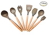 Kitchen Utensil Set 7 Pieces - Kitchen Gadgets BPA Free- Kitchen Utensils- Beechwood Serving Utensils For Cooking Best High Resistant -Silicone Cooking Tools-wooden Utensils Set- Kitchen Aid Tools