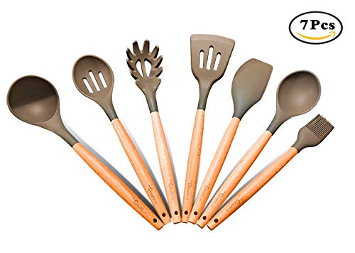 Kitchen Utensil Set 7 Pieces - Kitchen Gadgets BPA Free- Kitchen Utensils- Beechwood Serving Utensils For Cooking Best High Resistant -Silicone Cooking Tools-wooden Utensils Set- Kitchen Aid Tools