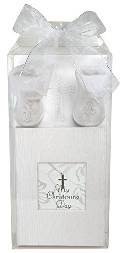 Stephan Baby Inspirational Keepsake Mini Photo Album, Cross Bib and Bootie Socks Gift Set, My Christening Day, 0-6 Months