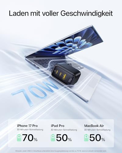 Enerfill 70W USB C Ladegerät, 3-Port GaN6 Schnellladegerät, kompaktes Netzteil für MacBook Air, iPhone 17/16/15 Pro Max, iPad Pro, Galaxy S25/S24, Pixel, Laptop und mehr