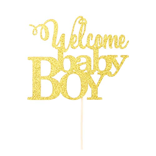 Gold Welcome Baby Boy Cake Topper - Baby Shower Party Decorations - Gender Reveal for Baby Boy Party Decorations