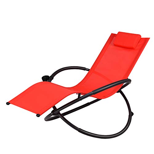 Goplus Outdoor Orbital Lounger Zero Gravity Patio Chaise Foldable Rocking Chair w/Removable Pillow & Cup Holder Portable Chair for Camping