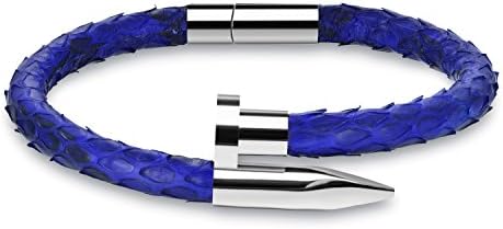 MAGENA Men Genuine Python Leather Bracelets Blue 316L Stainless Steel Nail Bracelets With Watch, (Blue+Silver,8 inch)