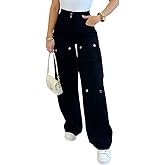 CHICME Women's High Waist Cargo Pants Zipper Fly Flap Pockets Design Elastic Back Waist Wide Leg Baggy Pants