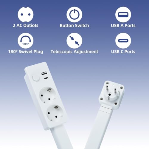 Extendable and Swivel Wall Plug with USB-A, USB-C and 2 Outlets - Ideal for tight corners such as bedside tables, sofas and desks.