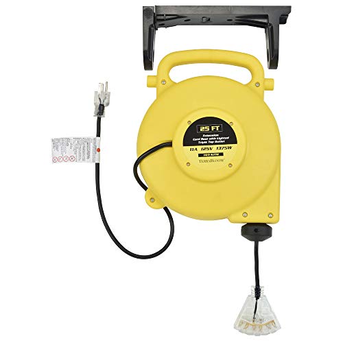 25 Ft Retractable Extension Cord Reel - 2 In 1 Mountable & Portable Power Cord Reel with 3 Electrical Outlets - 14/3 SJTW Heavy Duty Yellow Case and Black Cable With Lighted Power Block