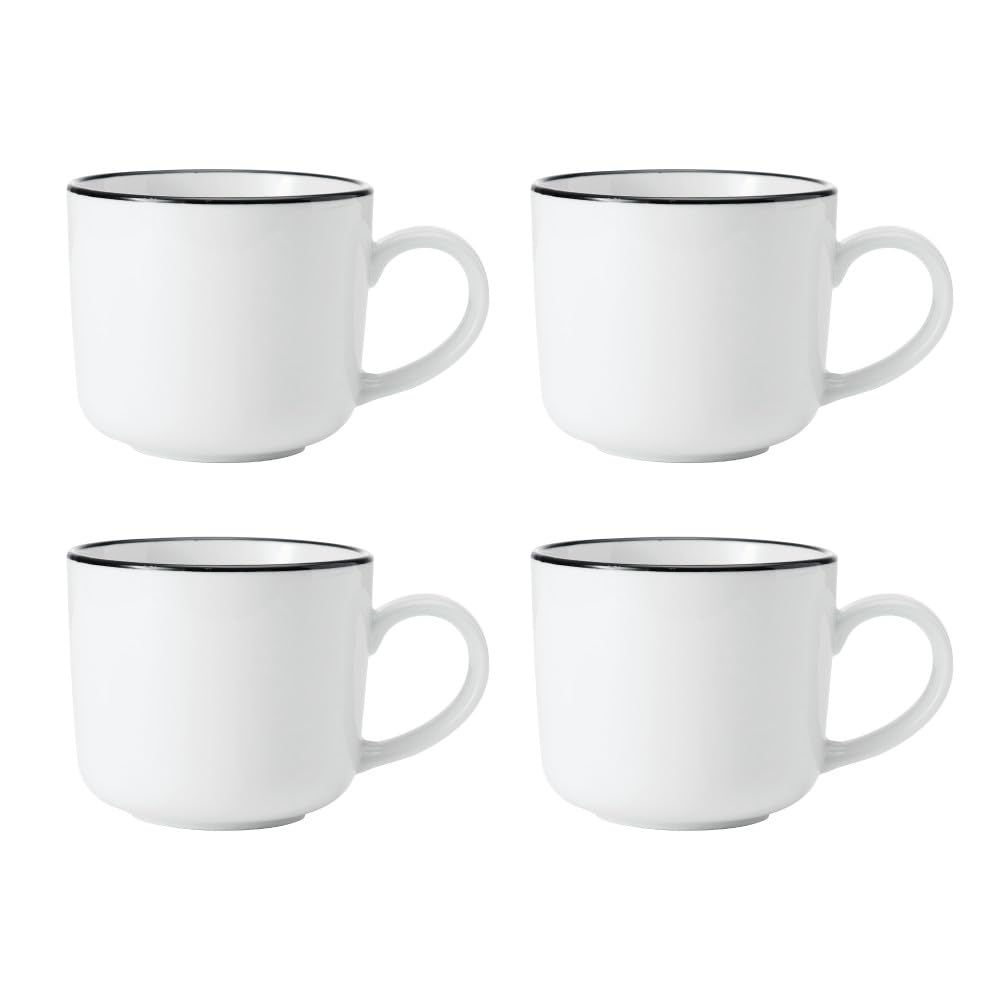 MIKASA Limestone Porcelain Mug Set, 4X Porcelain Mugs with Black Rim for Tea and Coffee, 360ml| Gift Boxed & Dishwasher Safe