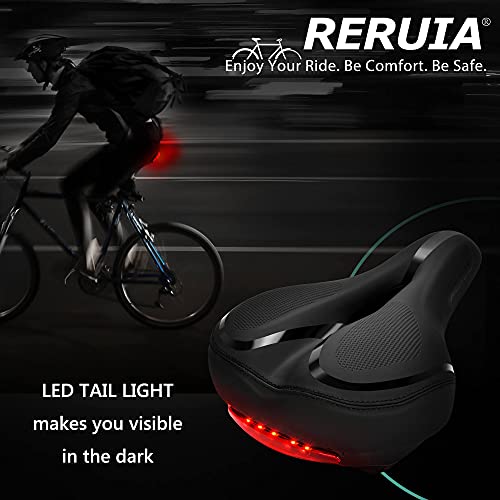 RERUIA Large Comfortable Bike Seat Wide Saddle Shock Absorbing - Oversized Memory Foam Padded Exercise Bicycle Seat Waterproof Leather Cover - Universal Soft Replacement Cycling Cushion for Men Women