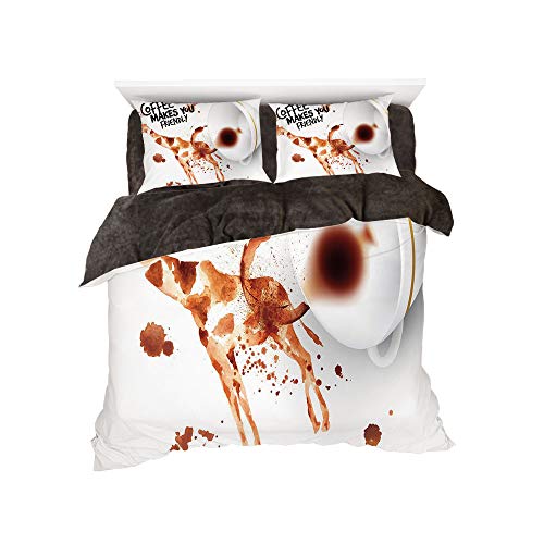 Flannel 4 Pieces on The Bed Duvet Cover Set 3D Printed for Bed Width 4ft Pattern by,Coffee Art,Be Outgoing and Sociable Inspiration Hot Drink Friendly Giraffe Figure,Brown Orange Black