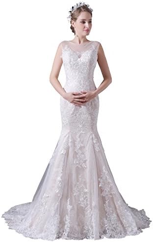 Engerla Long Fishtail Lace Applique Sweep Train Straps Open Back Bridal Dress US16