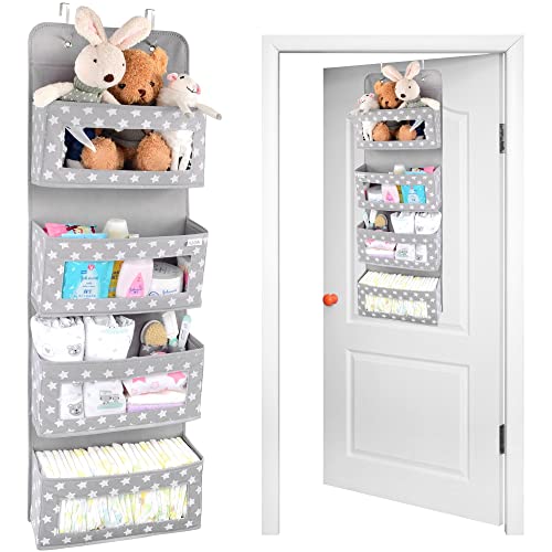 Vesta Baby Nursery Over Door Hanging Organizer with Metal Hooks | 4 Large Clear Window Pocket Storage for Kids Room, Bathroom, Closet | Gray Star Fabric Caddy for Diapers, Toys, Cosmetics, Clothes