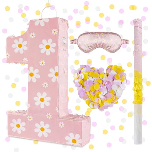Daisy Birthday Decorations, Daisy Number 1 Piñata with Blindfold Stick Blindfold Confetti for Pink Flower Boho Birthday Party Supplies (Daisy 1)