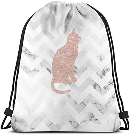 Modern Rose Gold Glitter Cat On White Marble Chevron Pattern 3D Print Drawstring Backpack Rucksack Shoulder Bags Gym Bag For Adult 16.9"X14"